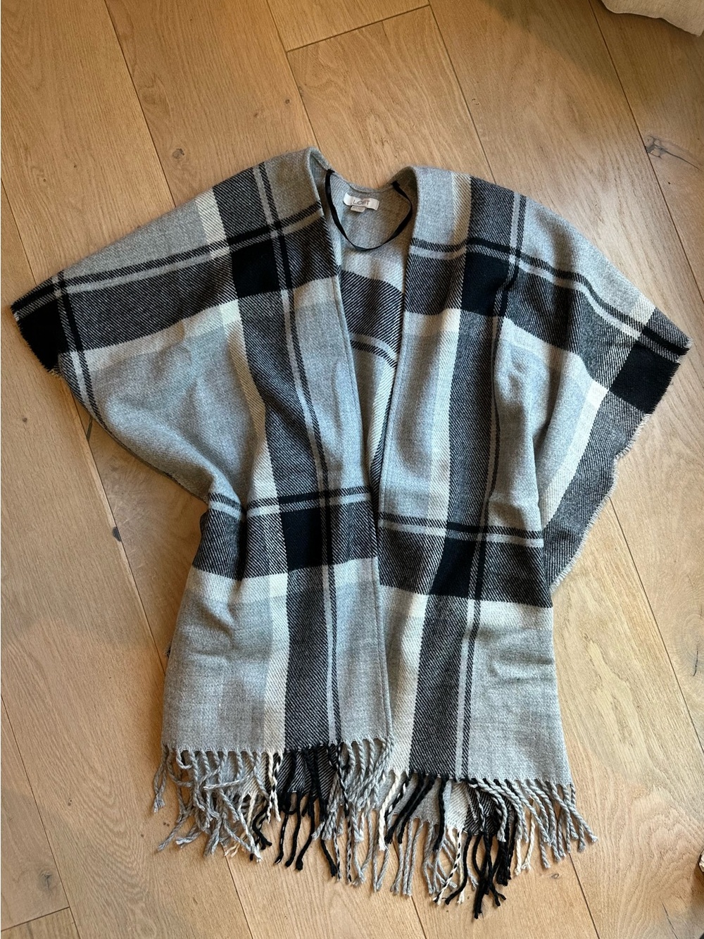 LOFT Gray and Black Plaid Fringe Poncho Cardigan